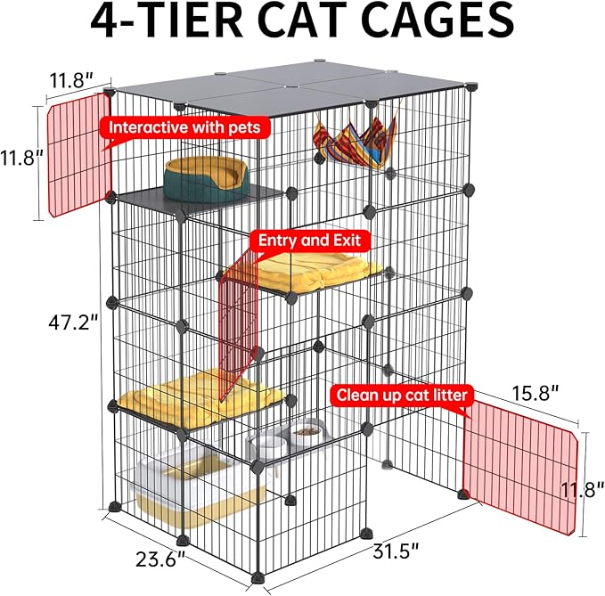 Oneluck 4-Tier Large Cat Cages ，47.2 Inch Enclosures Indoor, Catio,DIY Cat Playpen Detachable Metal Wire Kennels Cat Crate Exercise Extra Place Ideal for 1-2 Kitty