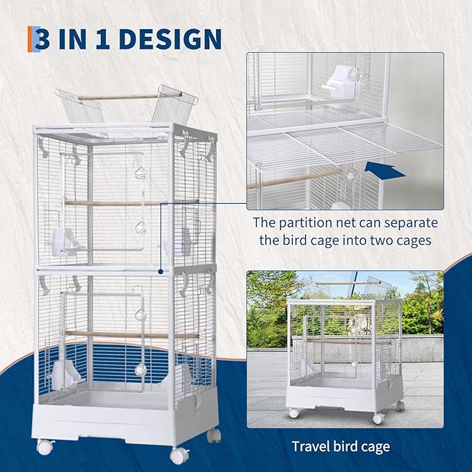 Bird Cage 40'' Open Play Top Bird Cage 3 in 1 Bird Carrier for Parakeets, Canaries, Lovebirds, Small Quaker with 360° Wheels