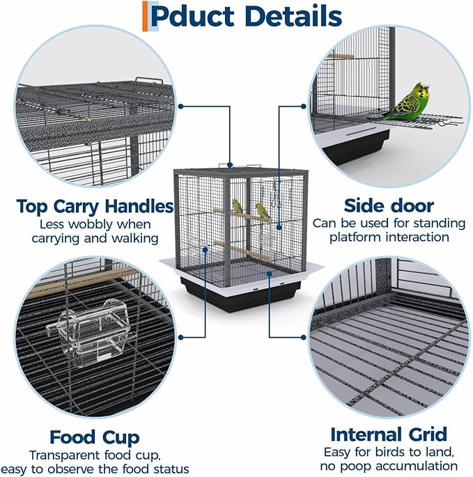 GarveeHome Small Bird Cage with Wheels, Parakeet Cage, Bird Carrier for Parakeets, Canaries, Lovebirds, Small Quaker, Cockatiels, Budgie, Green Cheek (20in Hammertone Black)