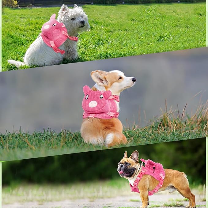 Dog Harness with Backpack, Adjustable Dog Backpack Harness for Small Medium Dogs, No-Pull Breathable Backpacks for Dogs to Wear, for Traveling, Hiking, Camping, Training, Pink M