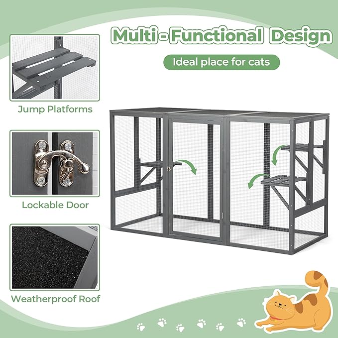Catio Outdoor Cat Enclosure, Large 71" Catio Window, Heavy Duty Steel Mesh Cat Patio with Lockable Door, Large Catios for Balcony, Grey