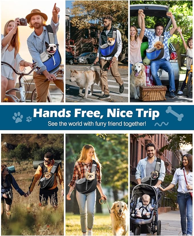 Pawaboo Pet Dog Sling Carrier, Hand Free Breathable Mesh Puppy Carrier, Dog Papoose with Zipper Touch Pocket and Adjustable Strap, Crossbody Satchel Dogs Purse for Outdoor, M, Blue