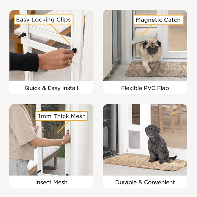 Hakuna Pets V2 Patio Pet Door Screen Insert Panel for Sliding Doors, Fits Door Track Min Ht 55.12" to Max Ht 84.25",UV Resistant Mesh, Locking Magnetic Dog Door, Easy Install and Removal, Small, White