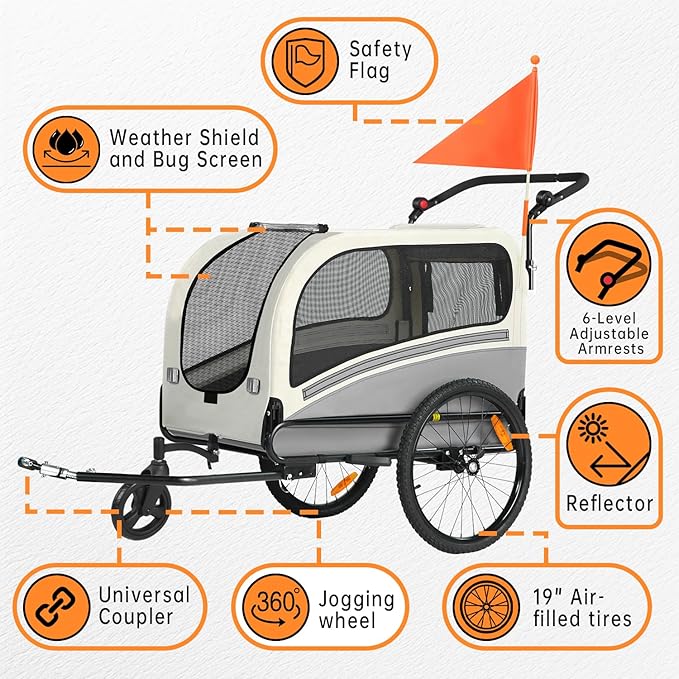 Sepnine Dog Bike Trailer, Supports up to 110 lbs, 2-in-1 Pet Stroller Cart Bicycle Carrier, Easy Folding Cart Frame with Quick Release Wheels, Universal Bicycle Coupler, Non-Slip Floor, Internal Leash