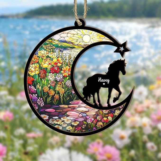 Personalized Horse Memorial Suncatcher – Custom Horse Silhouette with Name, Moon & Floral Background, Horse Loss Gift, Gift for Horse Lovers