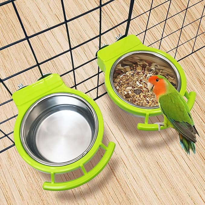 BNOSDM 2 PCS Stainless Steel Bird Bowls Bird Feeding Dish Water Cups Perch Stand Hanging Parakeet Food Container Food and Water Bowls with Spoon for Budgie Cockatoo Finch Lovebirds (Green)