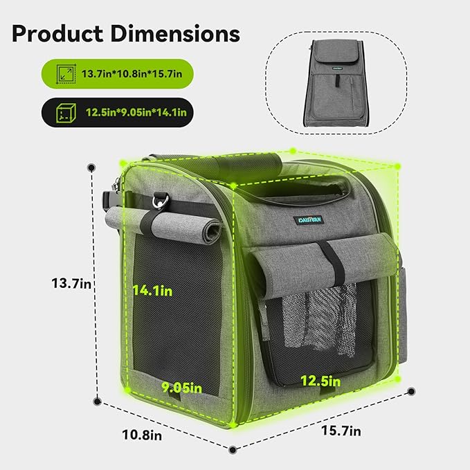 Dog Bike Front Basket, 4 in 1 Foldable Pet Backpack/Shoulder Bag/Auto Seat with Heavy-Duty L-Shaped Mount Φ3.15 in, Waterproof Cushion & Reflective Strips, Supports Up to 22lbs
