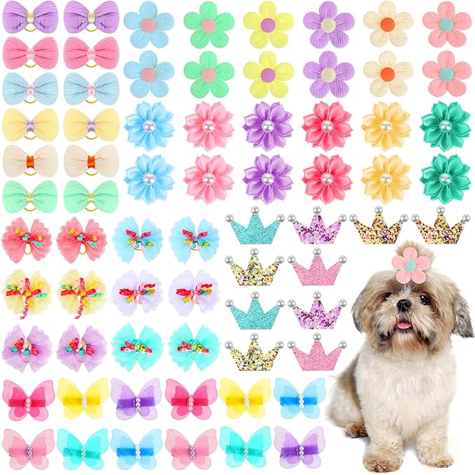 70 Pcs Dog Hair Bows Bulk Cute Flower Butterfly Crown Pearl Puppy Hair Clips Pastel Macaron Pet Accessories for Dog Cat Holiday Party Birthday Grooming
