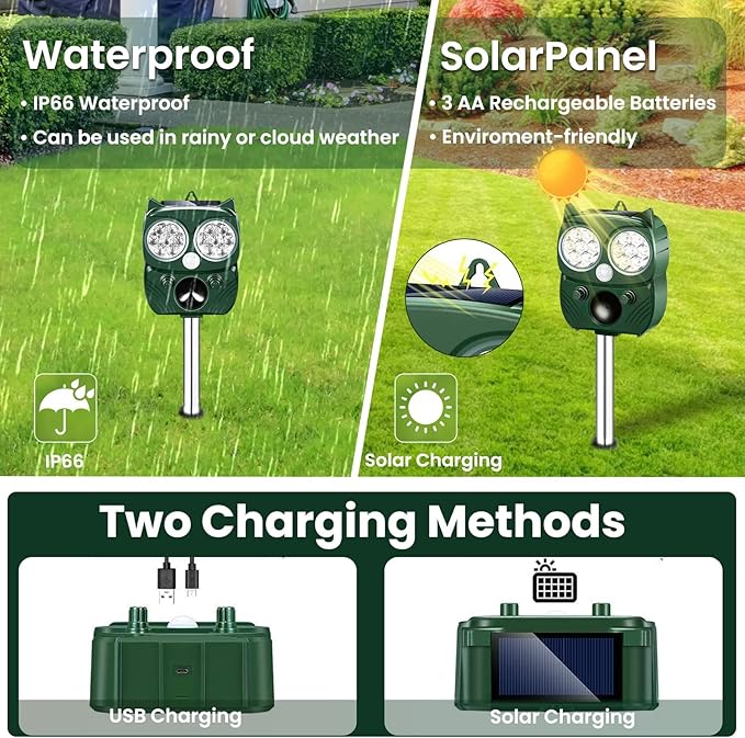 Cat Repellent Outdoor, Solar Ultrasonic Animal Repellent Outdoor with Motion Sensor Waterproof Cat Deterrent to Scare Cats Dog Deer Raccoon Skunk Squirrel
