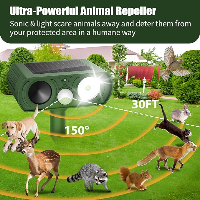 Solar Ultrasonic Animal Repellent, Deer Repellent Devices Waterproof, Cat Repellent Outdoor with Motion Detection Squirrel Skunk Rabbit Dog Raccoon Deterrents Animal Repeller for Yard, 2 Pack
