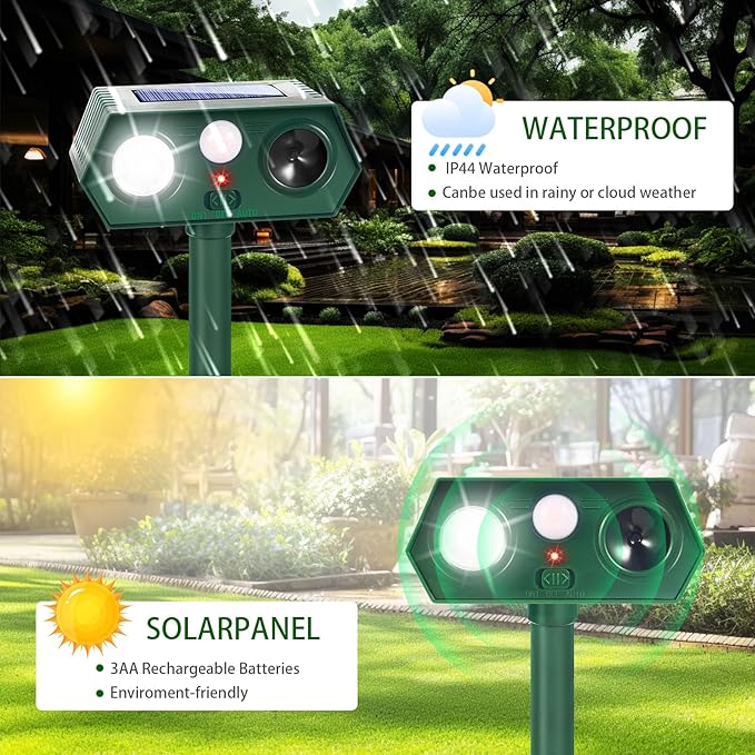 2026 Upgraded Solar Ultrasonic Animal Repellent Cat Deterrent Outdoor Motion Activated with Flash Light Repeller Keep Squirrel Deer Dog Raccoon Skunk Rabbit Away from Yard Garden Lawn 4 Pack