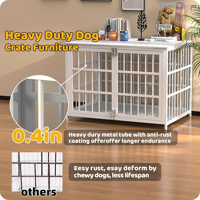 Heavy Duty Dog Crate Furniture – Indestructible Furniture Style Dog Kennel with Wooden Table Top, Escape-Proof Crate for High Anxiety Dogs, Decorative Indoor Pet House with Double Doors & Secure Locks
