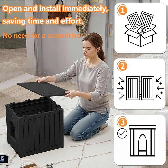 Resin Cat Litter Box Enclosure - Indoor Hidden Waterproof Furniture, Hidden Pet Box，Side Table(Black