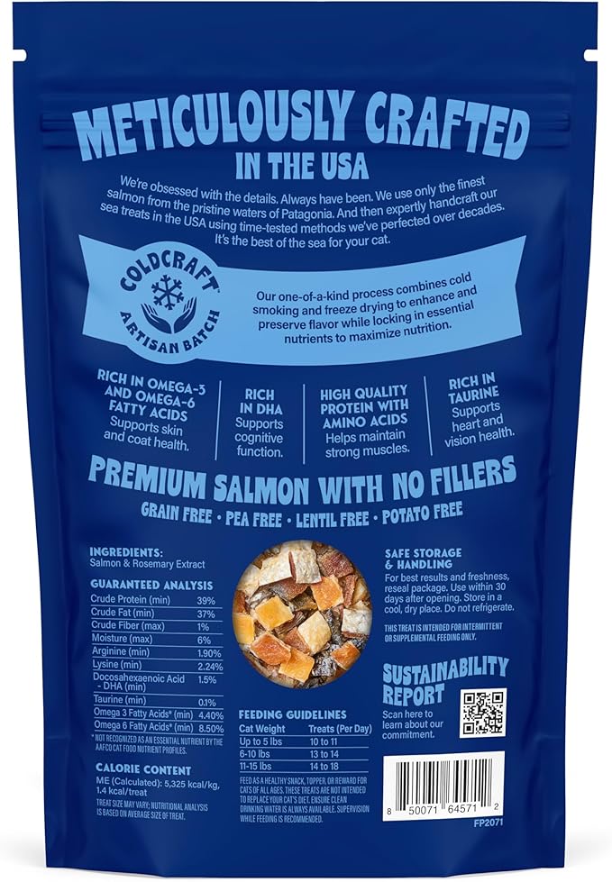 Finfare Freeze Dried Salmon Skin Bites, Grain Free Crunchy Salmon Cat Treats, High Protein & Omega-3s for Skin & Coat Health, Crafted in USA, 6oz