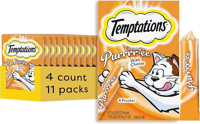 Temptations Creamy Puree Squeezable Lickable Cat Treats, Wet Cat Treats with Cheese, 0.42 oz. Tubes, 4 Count, Pack of 11 (44 Total)