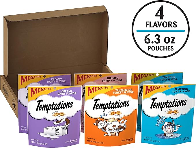 Temptations Cat Treats Classic Crunchy and Soft Cat Treats Variety Pack, 6.3 oz. Pouches (Pack of 6)