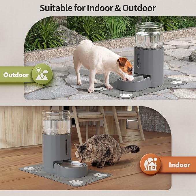 Cat Water Dispenser with Placemat and Stainless Steel Bowl, Automatic Gravity Water Dispenser for Cats or Small Medium Size Dogs, Large Capacity, Easy to Clean and Safe for Pets (4L)