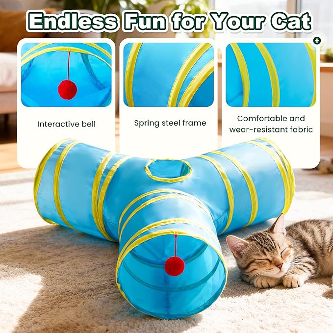 Love’s Cabin Cat Tunnel for Indoor Cats, 3-Way Collapsible Play Tunnel with Teaser Wand, Peek Holes & Toy Ball, Small Pet Toy for Kittens & Rabbits, Blue & Yellow, Small Size