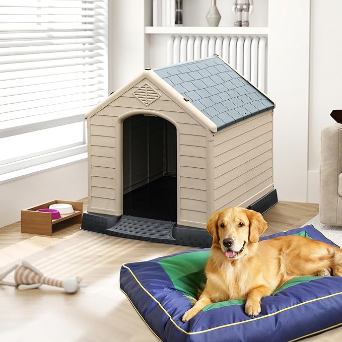 DWVO Plastic Dog House, Weatherproof Outdoor/Indoor Doghouse, Puppy Kennel with Air Vents and Elevated Floor