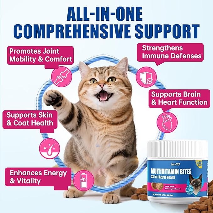 Just Try 23 in 1 Taurine for Cats Vitamins Treats with L-Lysine for Immune, Joint Support Skin & Coat & Heart Health - Multivitamin, HIV Omega 3, Biotin Supplements for Indoor & Senior Cat - 300 Bites