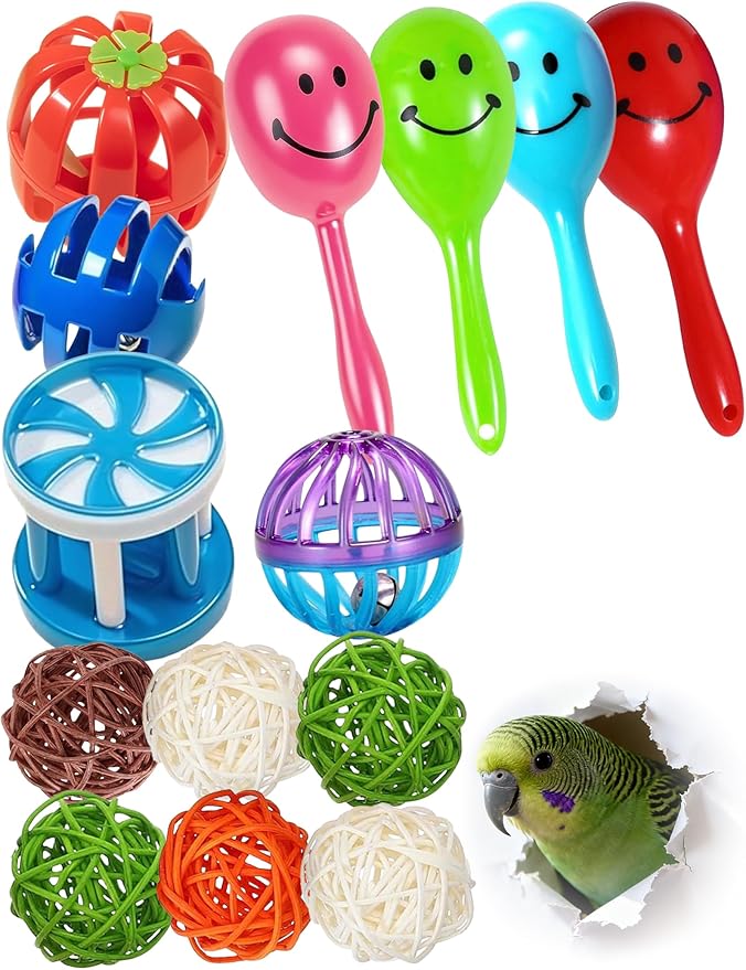 14-Piece Bird Toys Set for Parrots & Parakeets – Chew Balls with Bells, Woven & Rattle Toys (1.6'' - 2.8'')