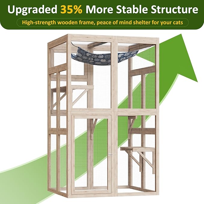 64 Inch Catio Outdoor Cat Enclosure, Large Cat House for Outdoor Cats with Updated Framework Structure, Outside Cat Patio Cattery Weatherproof for Multiple Cats, Natural