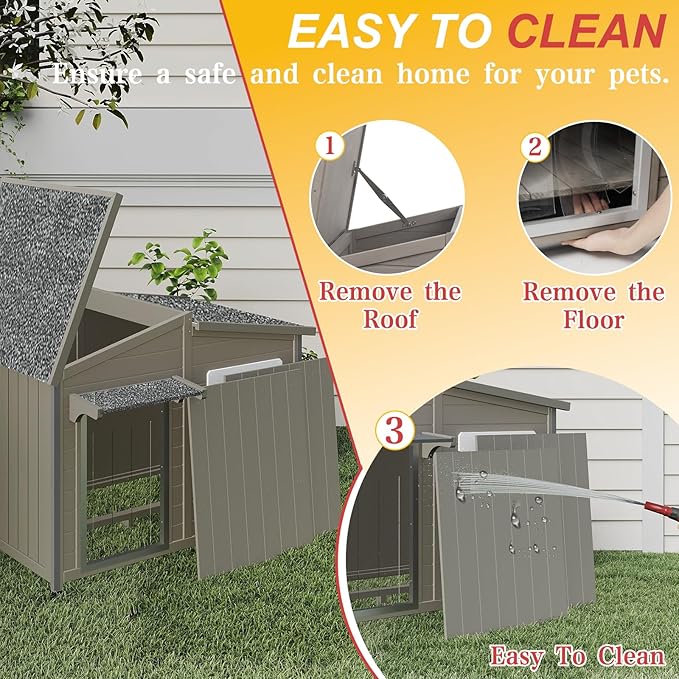 43" L Outdoor Extra Large Dog House with Removable Floor, Raised Feet, Anti-Chewing Iron Frame – Wooden Kennel with Asphalt Roof, Window for Indoor/Outdoor Use, Ideal for Medium to Large Dogs