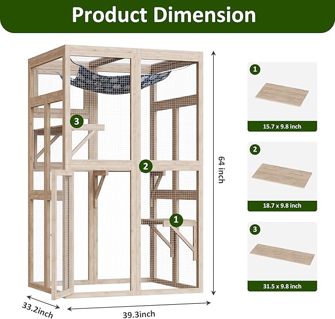 64 Inch Catio Outdoor Cat Enclosure, Large Cat House for Outdoor Cats with Updated Framework Structure, Outside Cat Patio Cattery Weatherproof for Multiple Cats, Natural