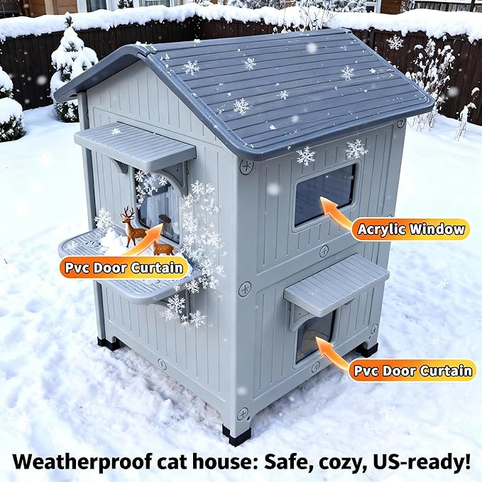 Weatherproof Outdoor Cat House for Feral Multi Cat, 2 Storey Insulated Elevated Plastic Cat Shelter with Escape Door, Easy Assemble, Expansive Interior‌ White 34" D x 21" W x 21.5" H