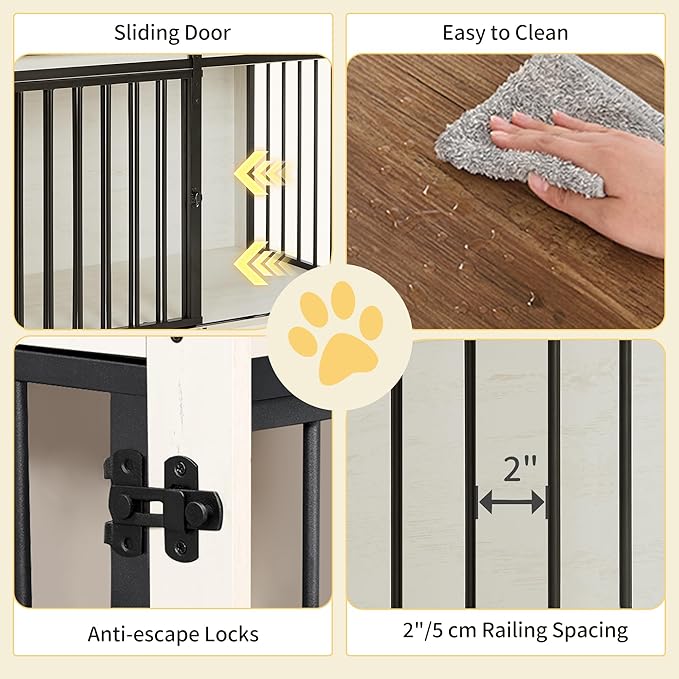39.4" Heavy Duty Dog Crate Furniture with Barn Door, Wood Indoor Dog Crate Kennel for Small/Medium/Large Dogs, End Side Table, TV Stand, Anti-Chew Anti-Escape, White Brown DFC02314B