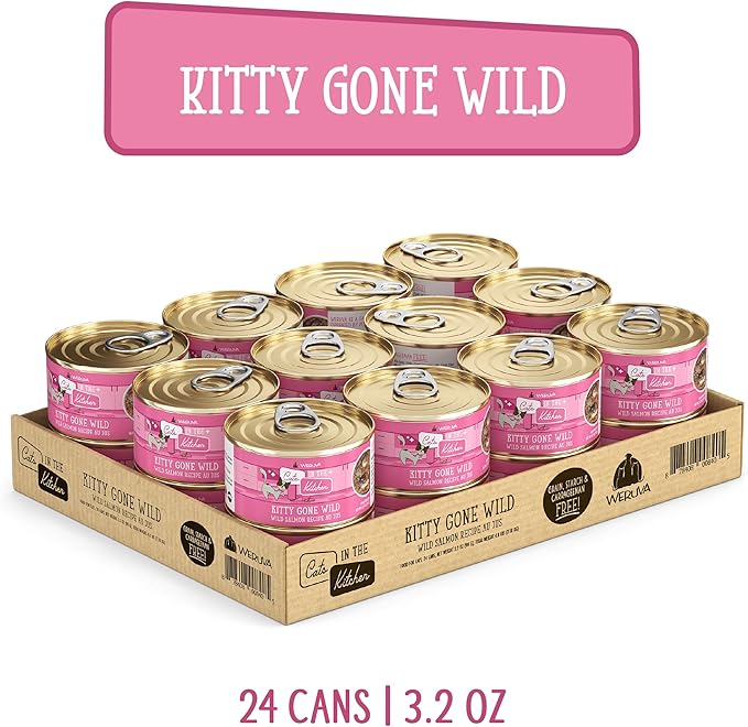 Weruva Cats in The Kitchen, Kitty Gone Wild with Wild Salmon Au Jus Cat Food, 3.2oz Can (Pack of 24)