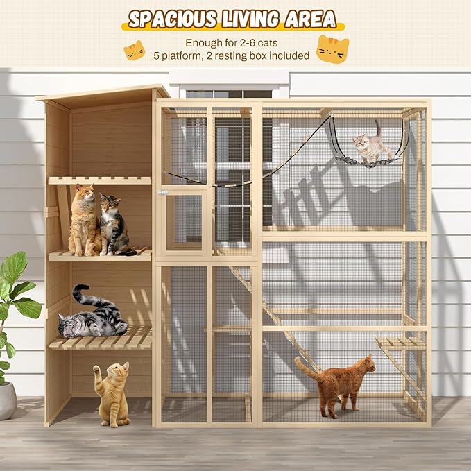 Large 4-Tier Outdoor Cat Enclosure Walk-in Catio with Weatherproof Solid Wood House, Connect to Window, 4 Platforms, 4 Private Resting Rooms & Bridge, for Multiple Cats (Natural)