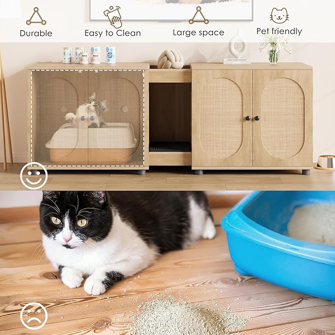 GarveeHome Large Cat Litter Box Enclosure Furniture, 55.1" Double Litter Cabinet for Two Cats with Hidden Design, Rattan Door Cat Box House with Storage, Wood, Rattan Door