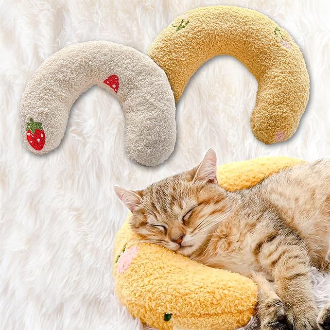 U-Shaped Calming Pillow for Cats and Dogs - Super Soft Plush Fabric, Cozy Headrest, Neck Support for Deep Sleep, Kitten Headrest, Pet Bed (White + Yellow)