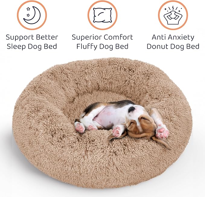 Donut Dog Bed - Premium Comfort for Anxiety Relief - Fluffy & Calming Design with Ultra-Plush Support | Cozy Round Dog Bed with Super Soft Circle Style (Camel, Medium)