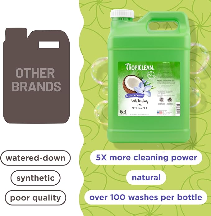 TropiClean Whitening Dog Shampoo, Professional Dog Shampoo, Whitening & Brightening, For All Coat & Color Types, Puppy Safe, Made in USA, 2.5 Gallon