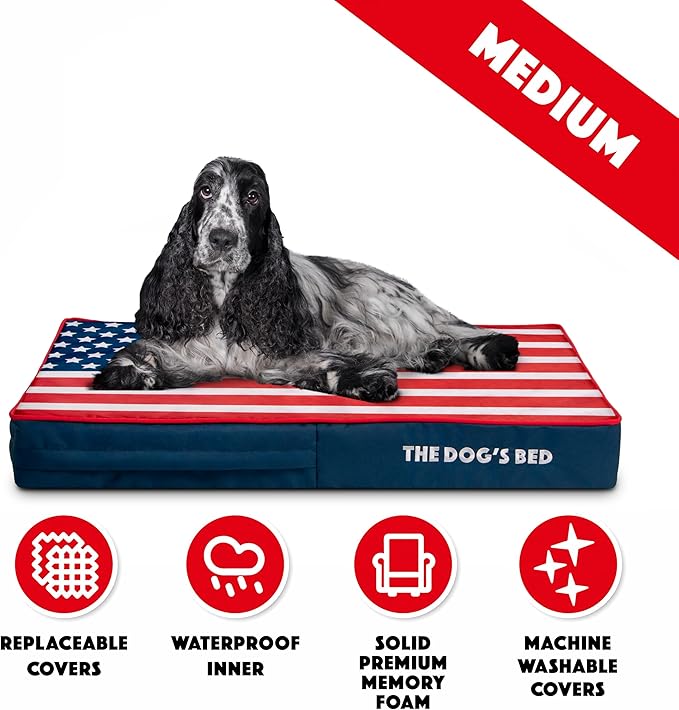 The Dog’s Bed Orthopedic Memory Foam Dog Bed Mattress, Oxford Fabric, Blue & Red Trim USA Center Flag, Medium, 4-Inch