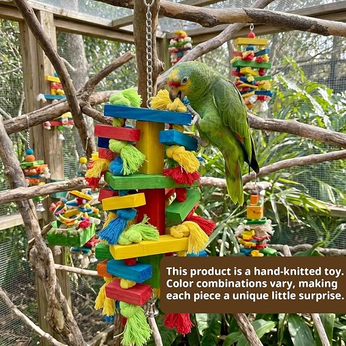 Large Parrot Toys Natural Wood Bird Toy Multicolored Chewing Gifts for Large Medium Macaws, African Grey, Parakeets and Amazon Parrots