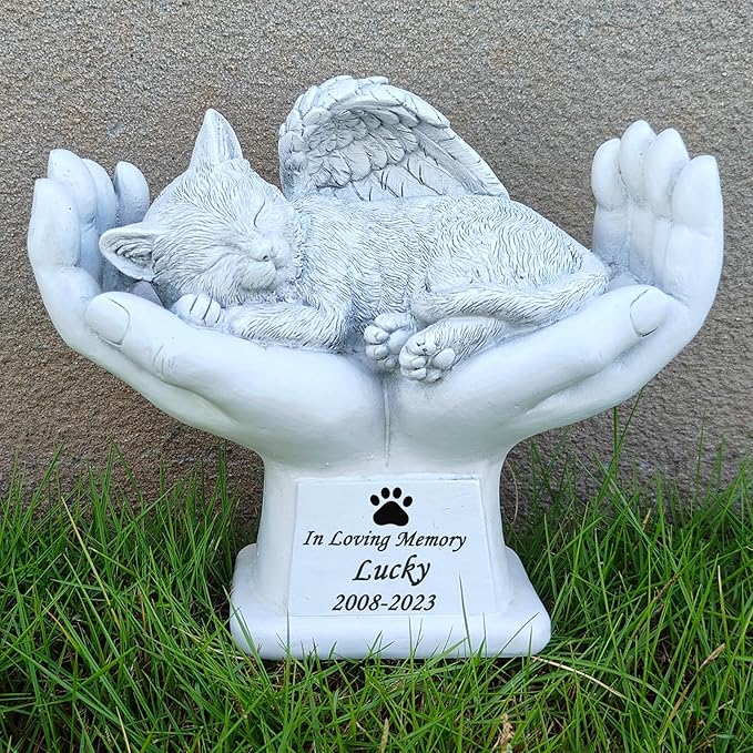 Personalized Memorial Cat Angel Tribute Statue Resting in Peace in God's Hands, Cat Passing Away Gifts, Pet Loss Gift for Cat Grave Marker Stone -Customizable Name and Date