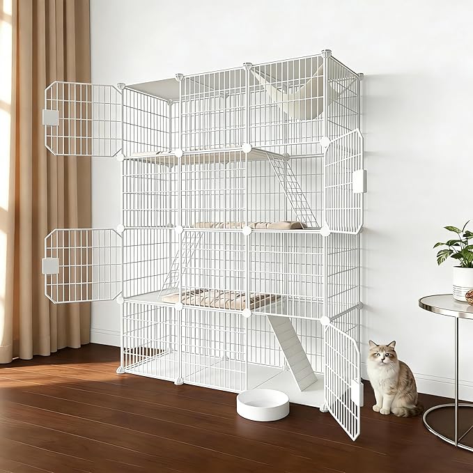 Large 4-Tier Cat Cage Indoor, DIY Cat Enclosures Detachable Metal Wire, Indoor Cat Crate Exercise Place Ideal for Kitty, Small Animals (White, 41" L x 14" W x 55" H, 7)