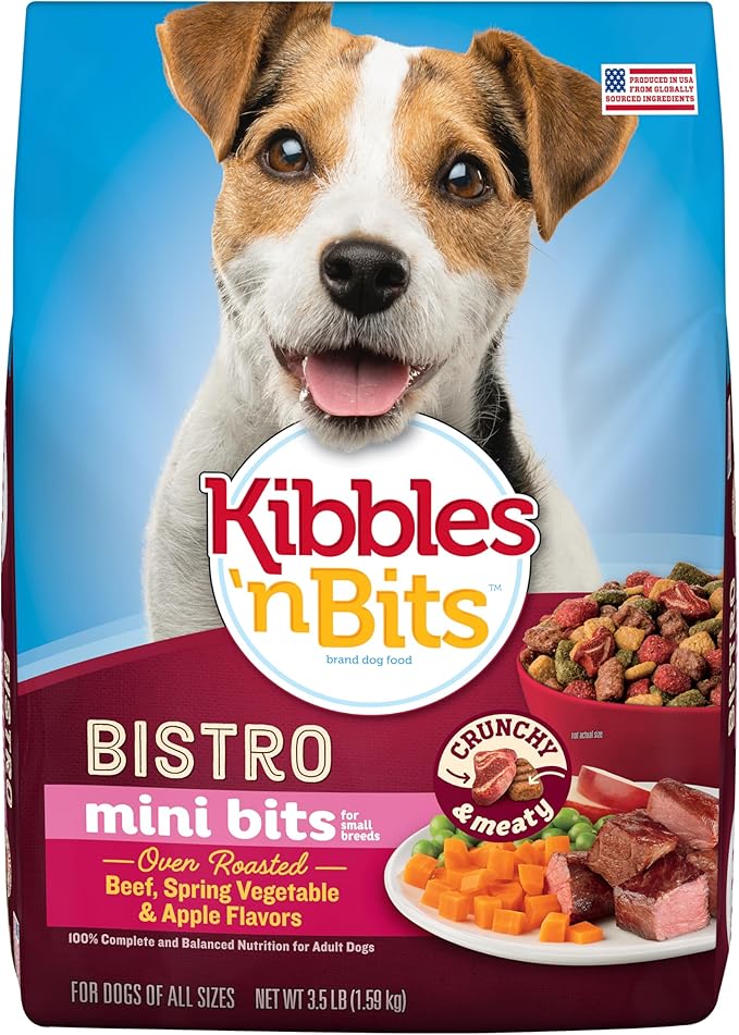 Kibbles 'n Bits Bistro Mini Bits Small Breed Dry Dog Food, Oven Roasted Beef, Spring Vegetable and Apple Flavors for Adult Dogs, 3.5 lb. Bag, 4 count