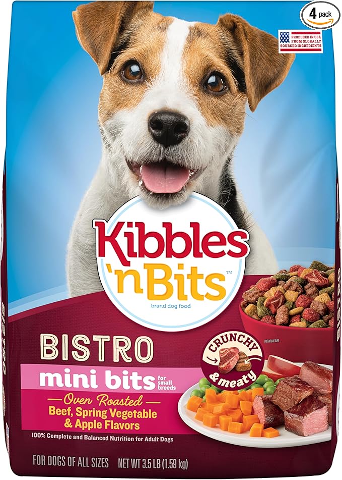 Kibbles 'n Bits Bistro Mini Bits Small Breed Dry Dog Food, Oven Roasted Beef, Spring Vegetable and Apple Flavors for Adult Dogs, 3.5 lb. Bag, 4 count