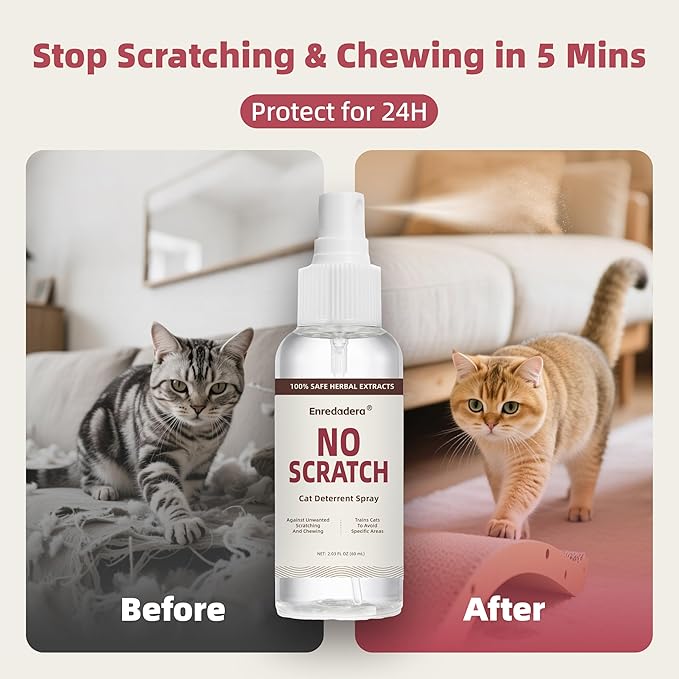 Cat Deterrent Spray, Vet-Approved Cat Repellent Spray Indoor/Outdoor, 24H Citrus Spray Deterrent Stop Scratching in 5 Mins, Effective Training Aid Safe Cat Spray for Furniture, Plants(60mL)