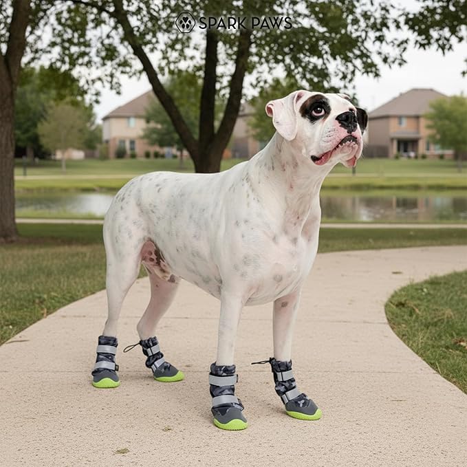 Spark Paws Dog Shoes, Waterproof Dog Boots for Medium to Large Dogs, Non Slip, Breathable Dog Booties and Paw Protectors - 4PCS Doggie Hiking Boots with Reflective Straps, Gray Camo, Size 2