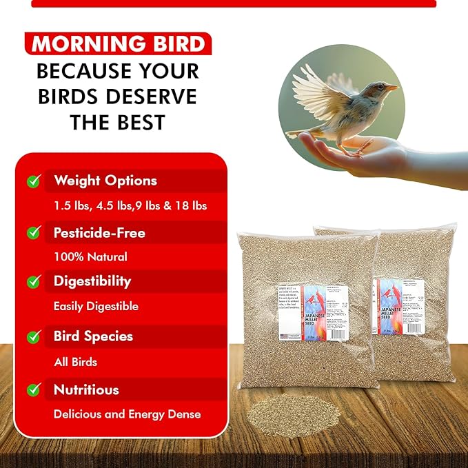 Morning Bird Japanese Millet Seed Bag 18 lbs (2-Pack, 9 lbs Each) - Healthy & Nutritious Pet Bird Food to Support Health & Immunity – Ideal Bird Feed for All Seed-Eating Birds