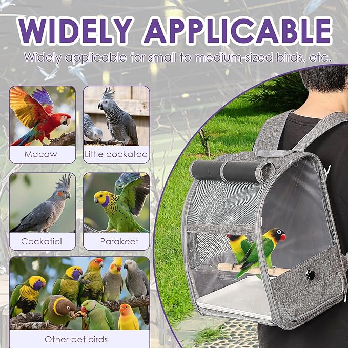 Bird Carrier Backpack, Breathable Bird Travel Backpack Set with Standing Perch and Tray, Pet Transparent Breathable Travel Cage, Pet Travel Cage for Cockatiels, Parrots, Hiking