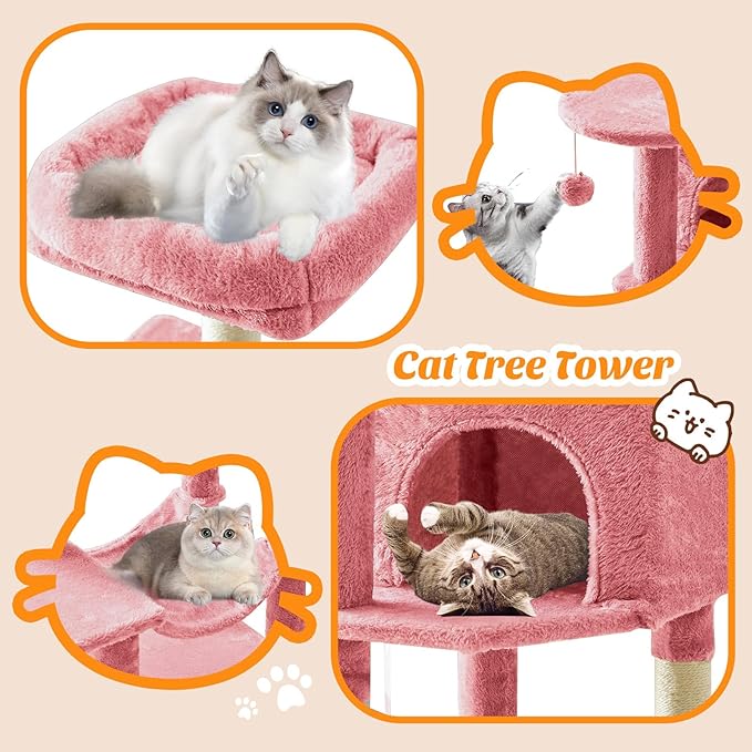 Sweetcrispy 44 Inch Cat Tree Tower, Cat Climbing Tower with Natural Sisal Scratching Posts, Hammock, Pet Condo for Indoor Cats and Kittens Play, Pink