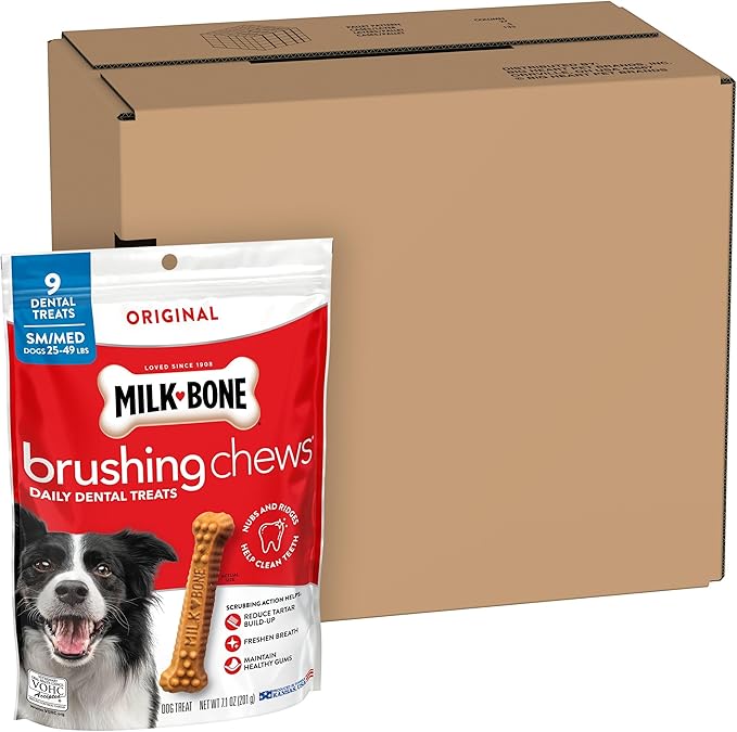 Milk-Bone Original Brushing Chews, Small/ Medium Daily Dental Dog Treats, 9 Count (Pack of 5) Scrubbing Action Helps Clean Teeth