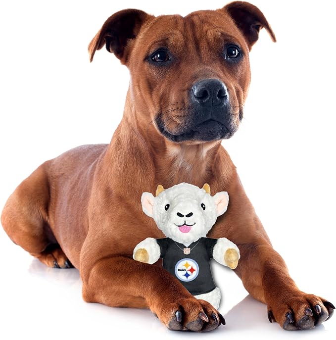 Pets First NFL Pittsburgh Steelers Goat Plush Toy for Dogs and Cats with Squeaker, Wearing a Team Jersey! Fun & Sporty Goat Shaped Dog Chew Toy, Interactive Pet Toy