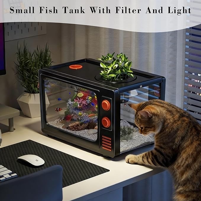 3 Gallon Fish Tank Aquarium Kit with LED Lights, Filter & Plant Planter - Retro TV Shaped Design Desktop Water Garden for Betta/Goldfish (Black - 3 Gallon)